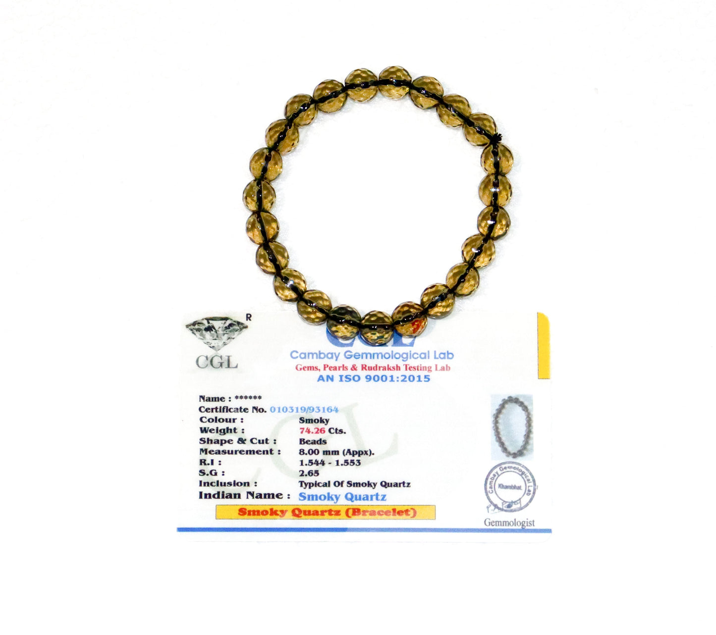 Smokey Crystal Certified 8mm Beads Bracelet