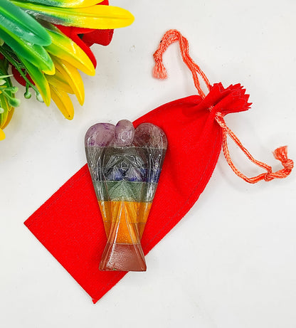 Seven Chakra Angel, 7 Chakra Crystal Angel 2 Inches, Guardian Angels-Pack Of 1 with Velvet Pouch