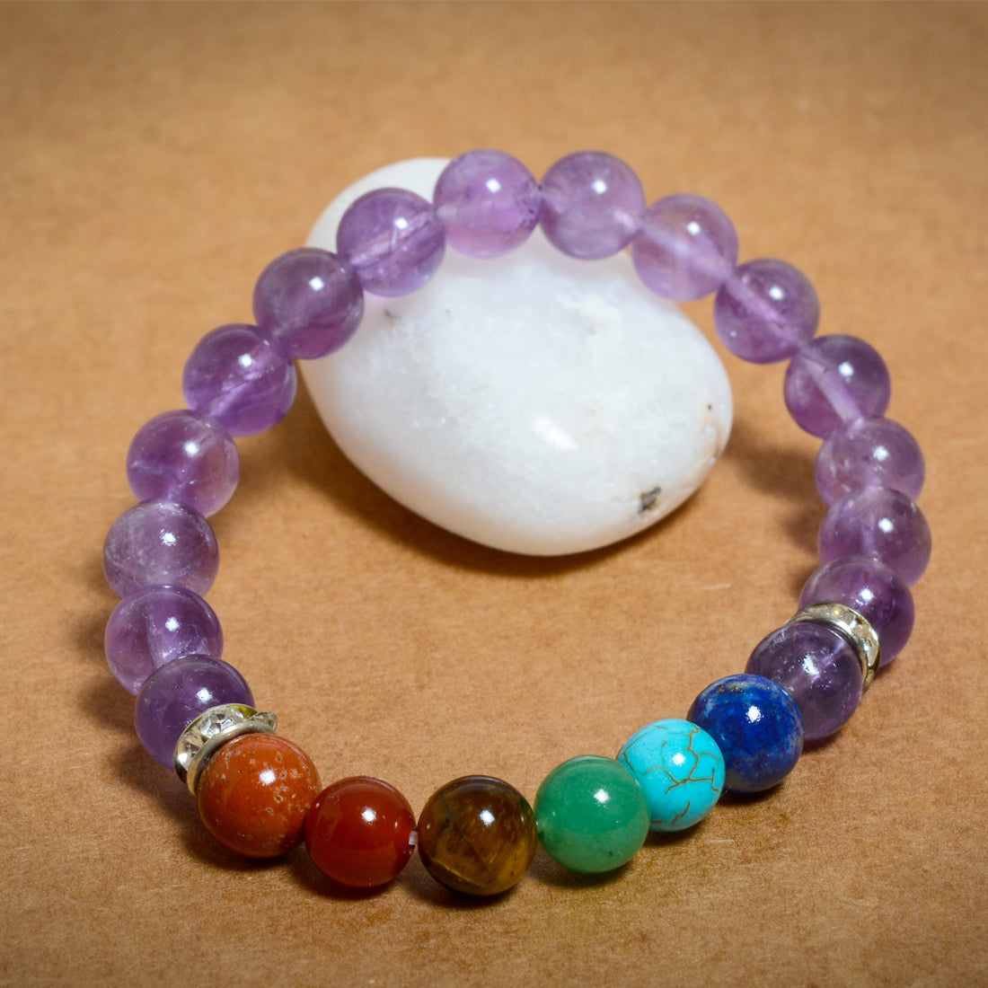 Seven Chakra Amethyst Beads(8mm) Bracelet 5-7 inch