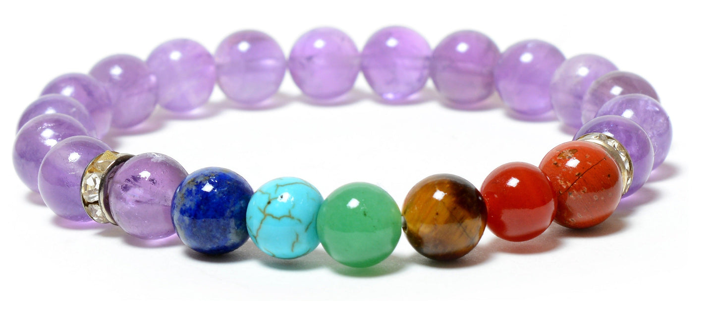 Seven Chakra Amethyst Beads(8mm) Bracelet 5-7 inch