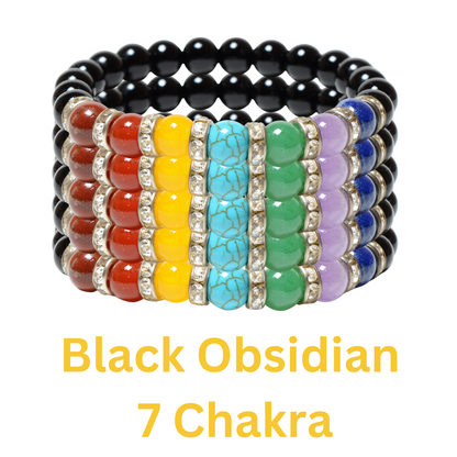 Seven Chakra Black Obsidian beads(8mm) Bracelet