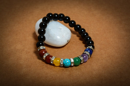 Seven Chakra Black Obsidian beads(8mm) Bracelet