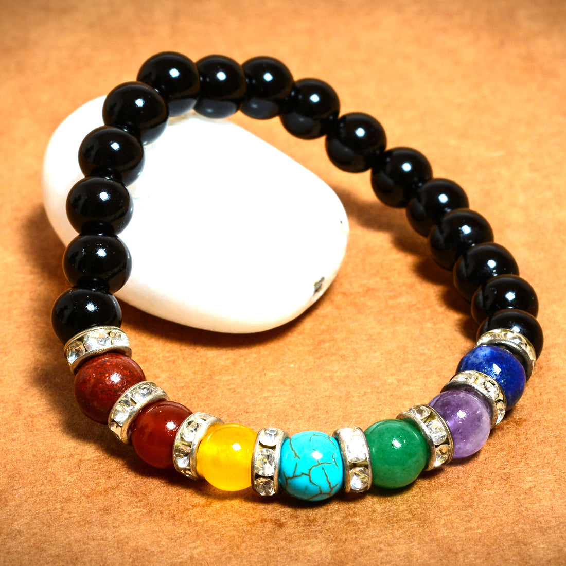 Seven Chakra Black Obsidian beads(8mm) Bracelet