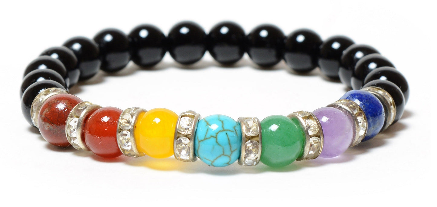 Seven Chakra Black Obsidian beads(8mm) Bracelet