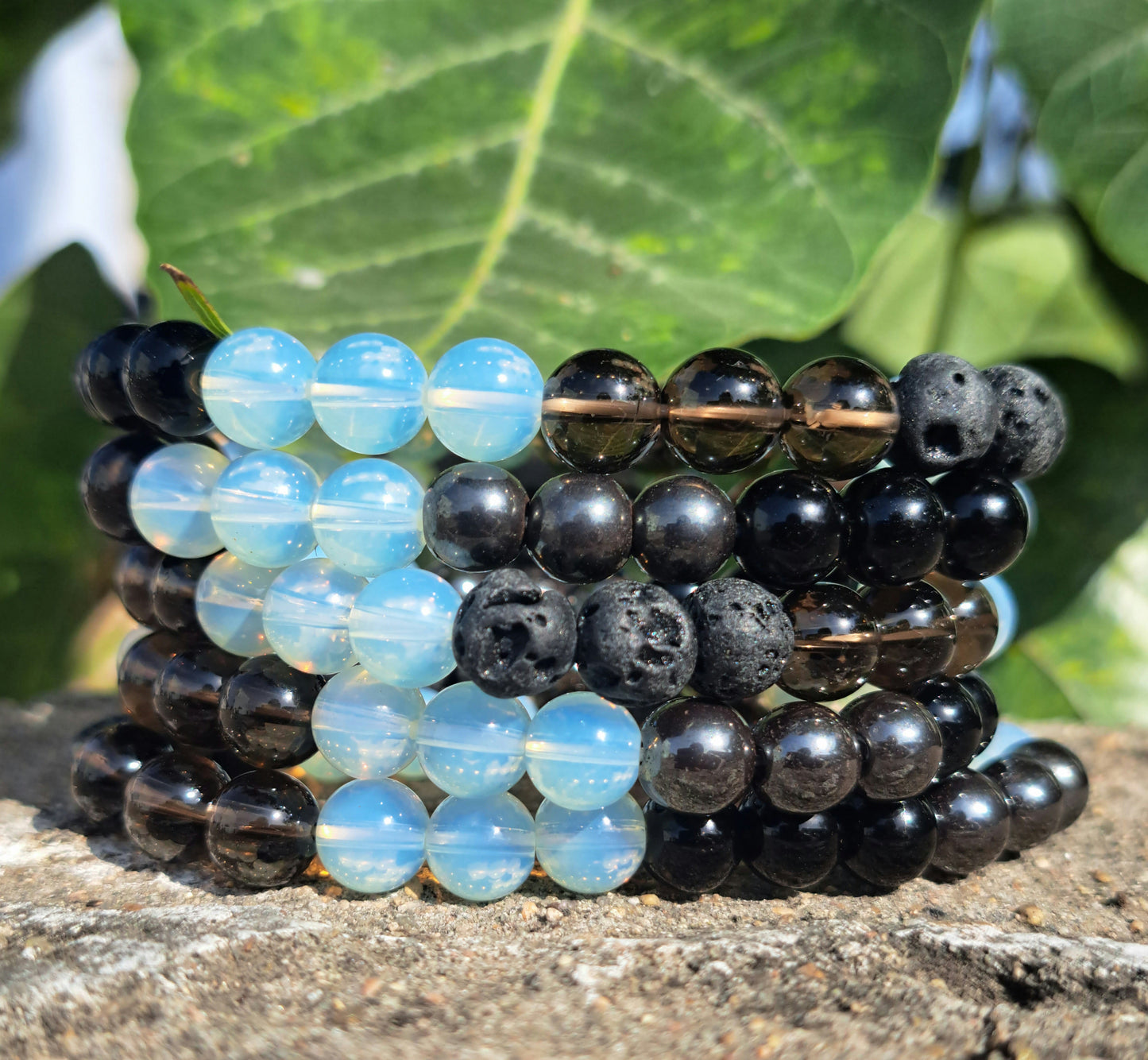 Multi Gemstone Power Beads Bracelets - Opalite,Smokey Crystals,Lava,Black Obsidian