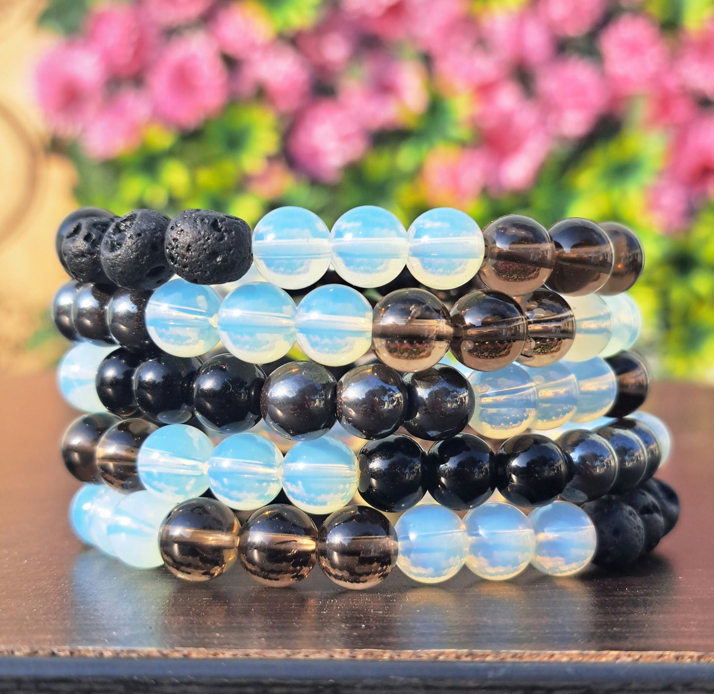 Multi Gemstone Power Beads Bracelets - Opalite,Smokey Crystals,Lava,Black Obsidian