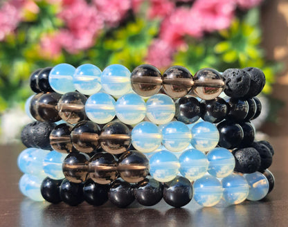 Multi Gemstone Power Beads Bracelets - Opalite,Smokey Crystals,Lava,Black Obsidian