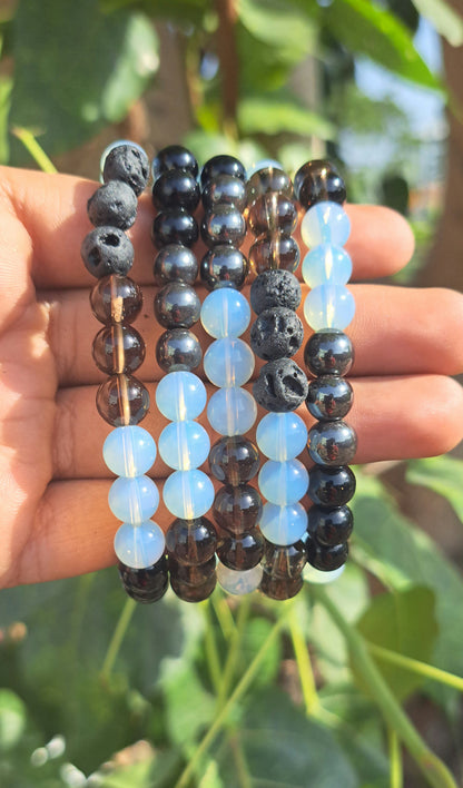 Multi Gemstone Power Beads Bracelets - Opalite,Smokey Crystals,Lava,Black Obsidian