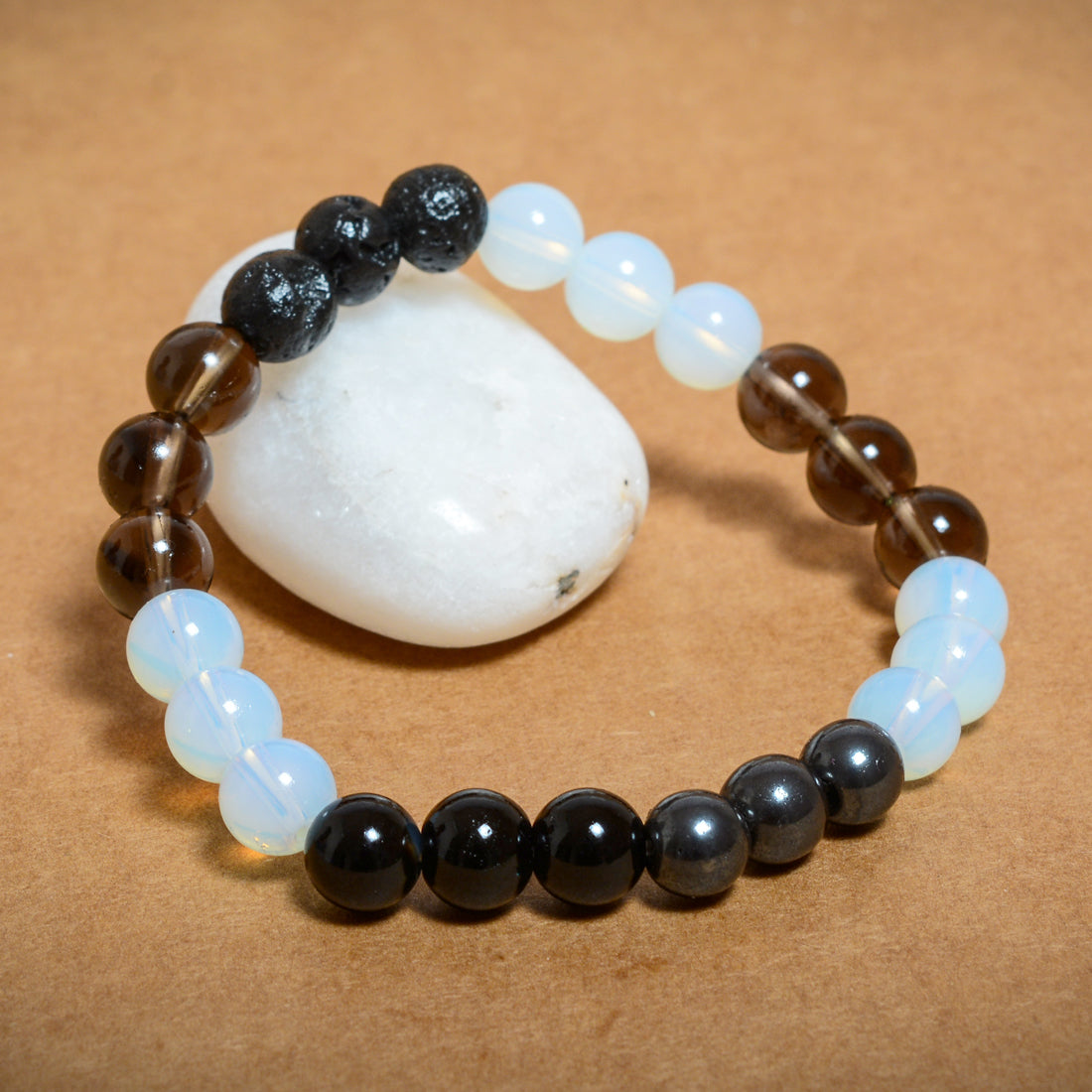 Multi Gemstone Power Beads Bracelets - Opalite,Smokey Crystals,Lava,Black Obsidian