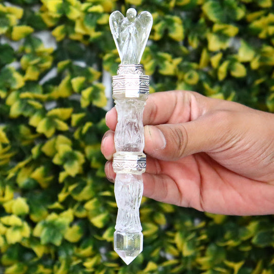 Natural Clear Crystal, Massage Healing Wand, Hand Carved Angel Pencil, Energy Balancing Gemstone - 5 Inch