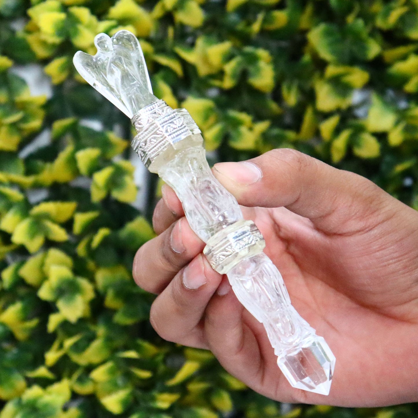 Natural Clear Crystal, Massage Healing Wand, Hand Carved Angel Pencil, Energy Balancing Gemstone - 5 Inch