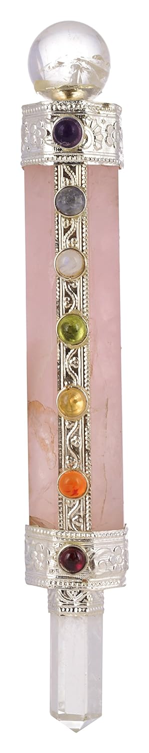 Stone 7 Chakra Healing Massage Wand Stick Pink Rose Quartz Showpiece (2 cm x 1.8 cm x 14 cm, Pink)