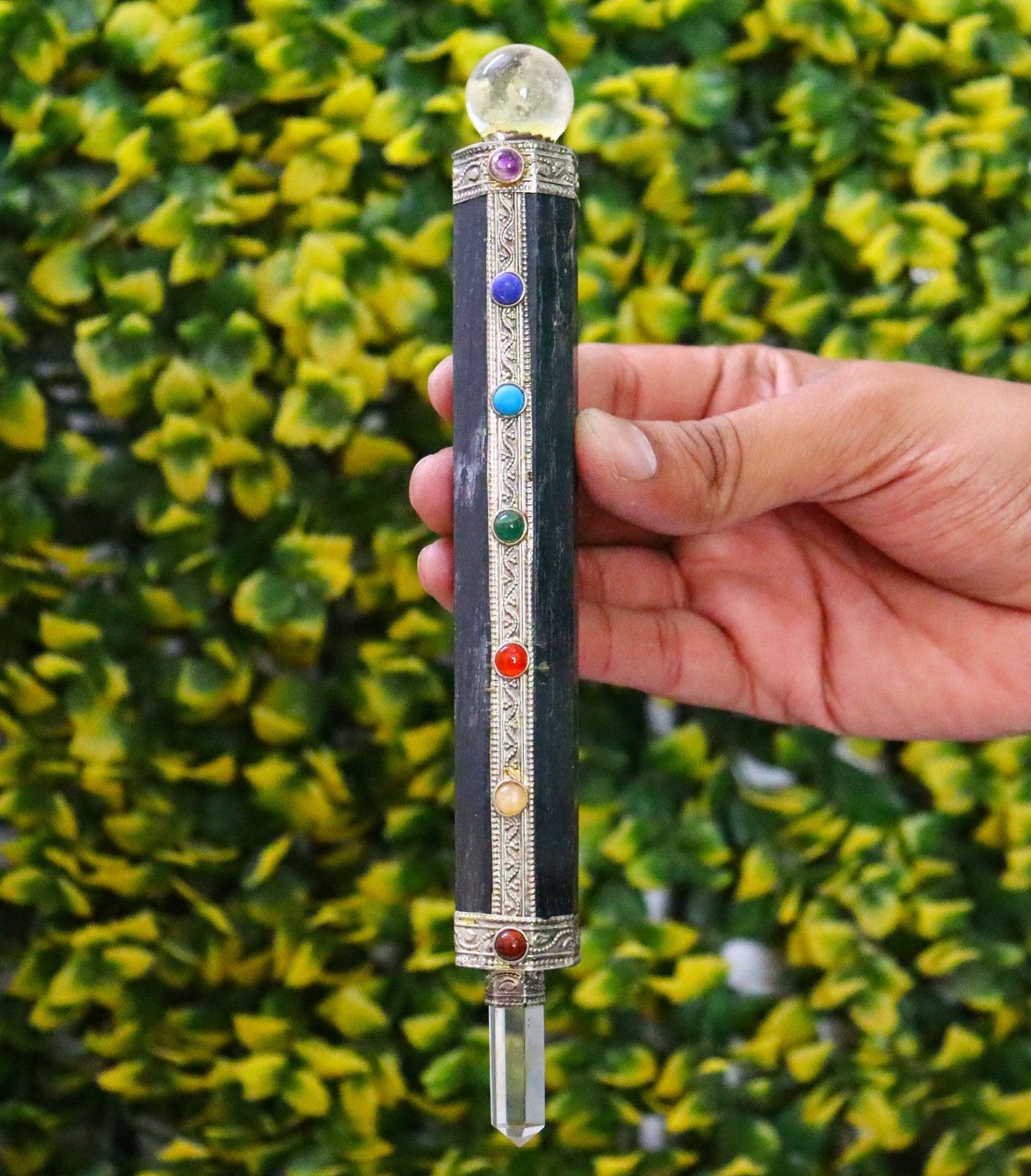 Iolite Seven Chakra Wand Massage, 7.5X0.75 Inches, 145 Grams, Spiritual Healing Crystal Pentacle - 7 Chakras for Meditation and Spiritual Practice, Gray