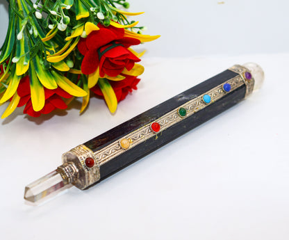 Iolite Seven Chakra Wand Massage, 7.5X0.75 Inches, 145 Grams, Spiritual Healing Crystal Pentacle - 7 Chakras for Meditation and Spiritual Practice, Gray