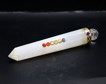 Selenite Chakra Wand Massage, 5.28X0.82 Inches, 88 Grams, Spiritual Healing Crystal Pentacle - 7 Chakras for Meditation and Spiritual Practice, White