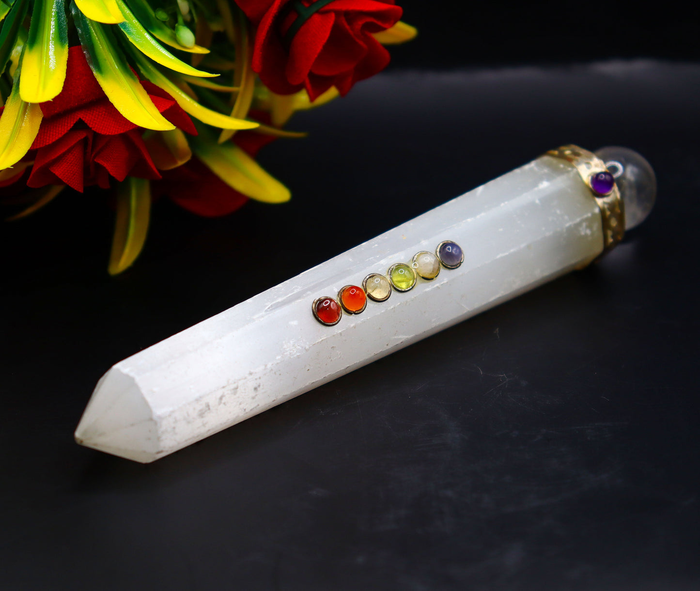 Selenite Chakra Wand Massage, 5.28X0.82 Inches, 88 Grams, Spiritual Healing Crystal Pentacle - 7 Chakras for Meditation and Spiritual Practice, White