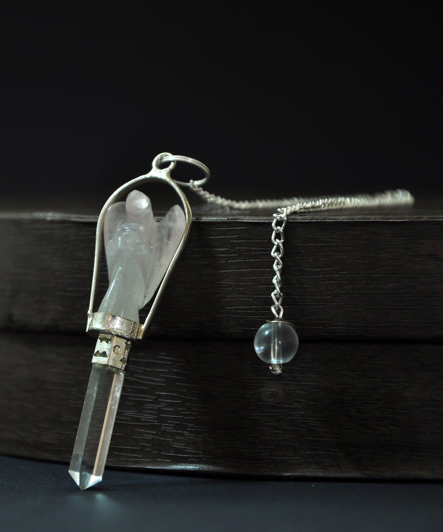 Pink Rose Quartz Angel Pendulum with Crystal Point