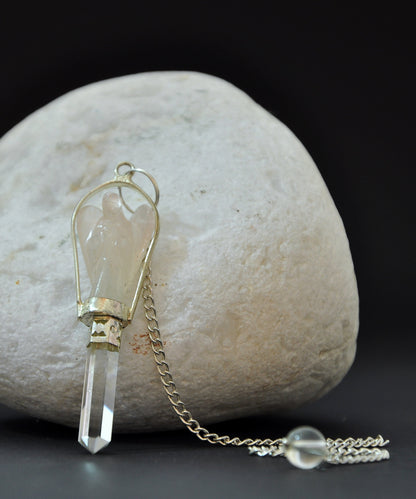 Pink Rose Quartz Angel Pendulum with Crystal Point