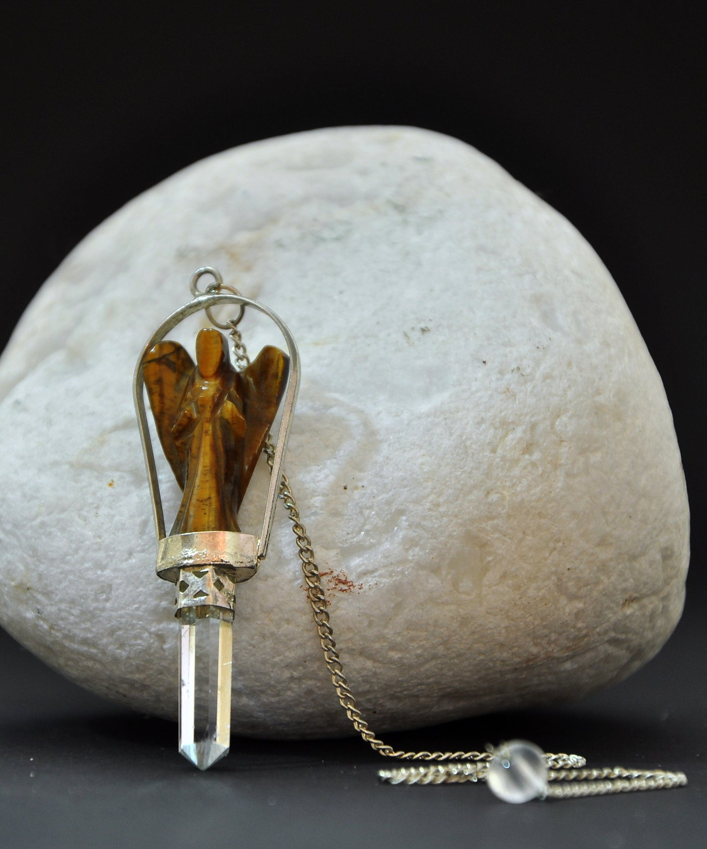 Brown Tiger Eye Angel Pendulum with Crystal Point