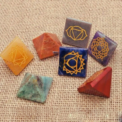 Gemstone 7 (Seven) Stone Reiki Chakra Set Engraved Pyramid Set