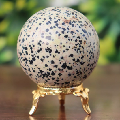 Dalmatian Mineral Quartz Healing Ball, 220g, 50mm, Gold Plated Base, Home Decor, Office, Gift