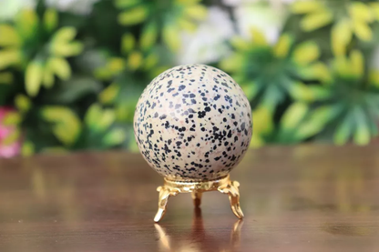 Dalmatian Mineral Quartz Healing Ball, 220g, 50mm, Gold Plated Base, Home Decor, Office, Gift