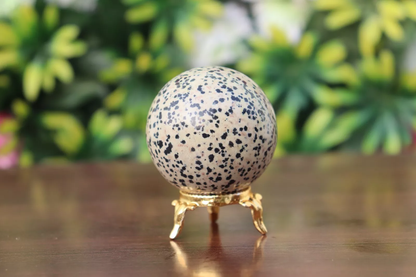 Dalmatian Mineral Quartz Healing Ball, 220g, 50mm, Gold Plated Base, Home Decor, Office, Gift