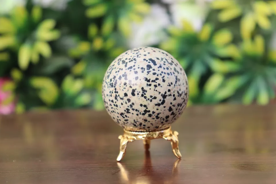 Dalmatian Mineral Quartz Healing Ball, 220g, 50mm, Gold Plated Base, Home Decor, Office, Gift