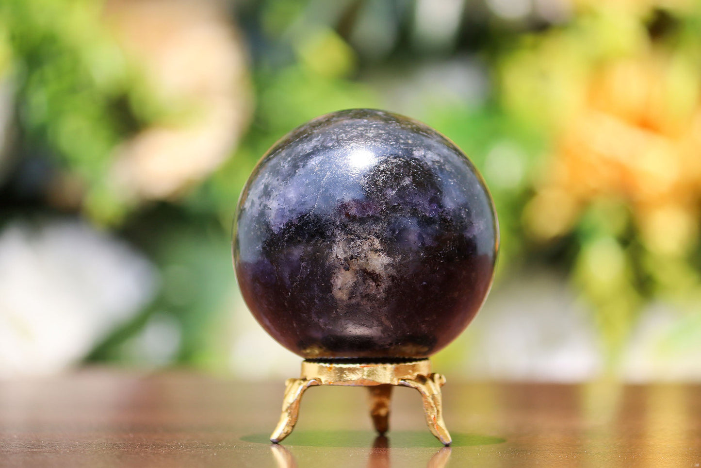 Iolite Mineral Quartz Healing Crystal Ball Sphere, 305g, 65mm, with Gold Plated Base for Home Decor