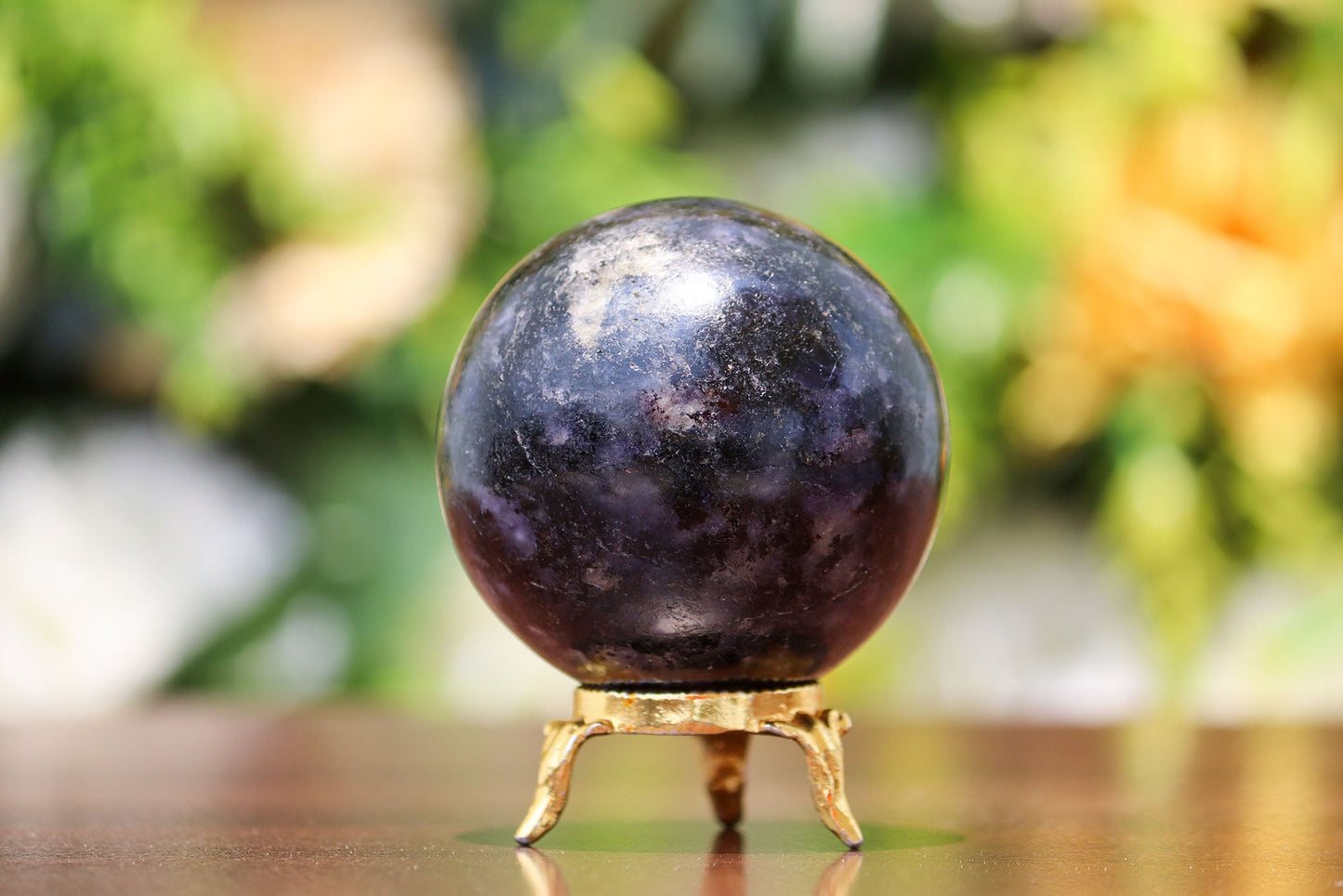 Iolite Mineral Quartz Healing Crystal Ball Sphere, 305g, 65mm, with Gold Plated Base for Home Decor