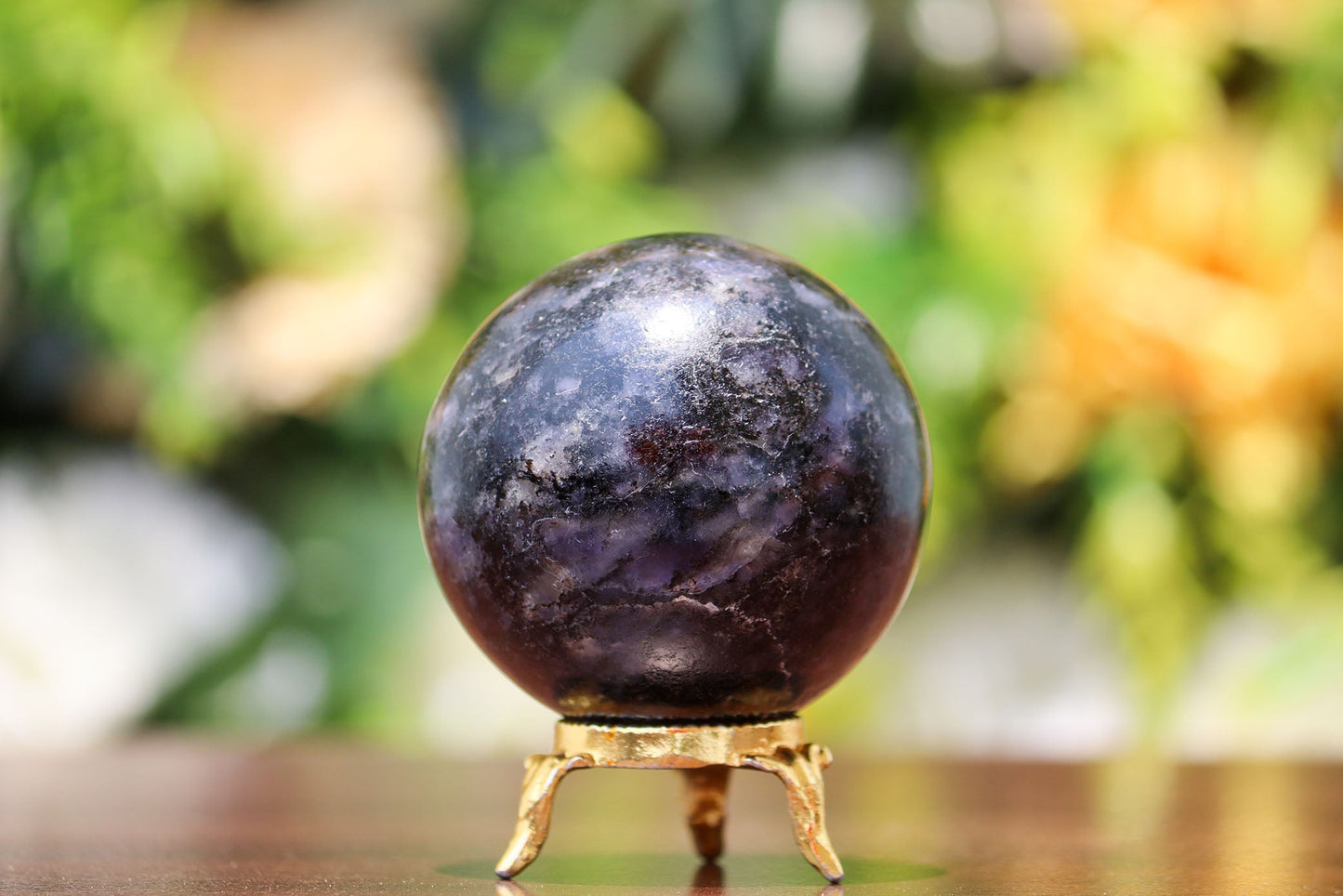 Iolite Mineral Quartz Healing Crystal Ball Sphere, 305g, 65mm, with Gold Plated Base for Home Decor