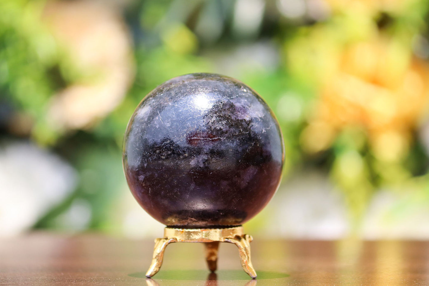 Iolite Mineral Quartz Healing Crystal Ball Sphere, 305g, 65mm, with Gold Plated Base for Home Decor