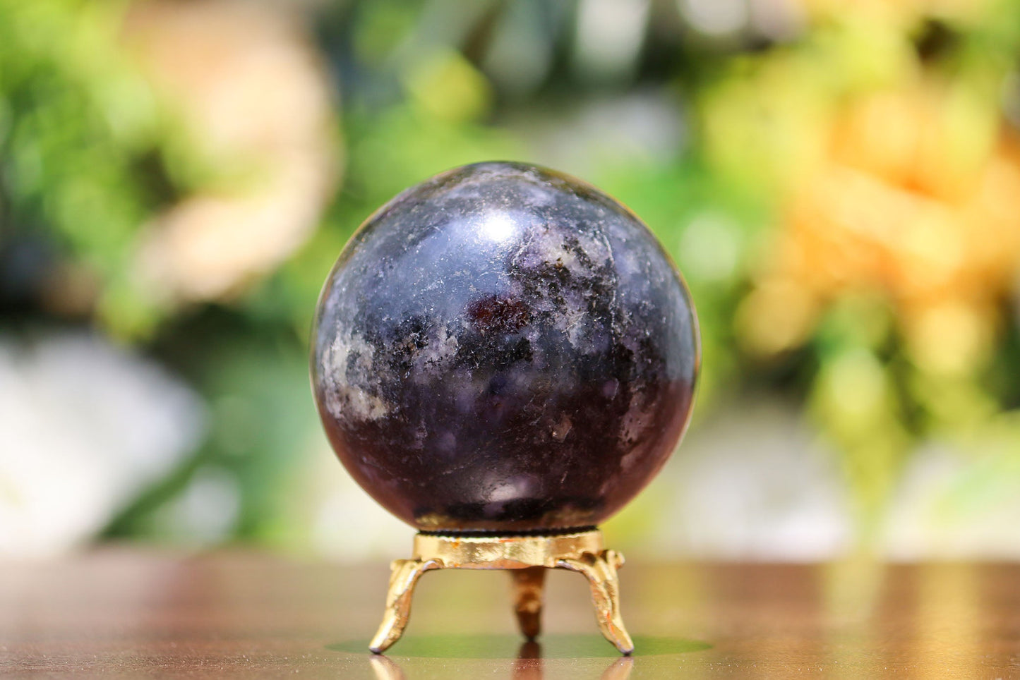 Iolite Mineral Quartz Healing Crystal Ball Sphere, 305g, 65mm, with Gold Plated Base for Home Decor