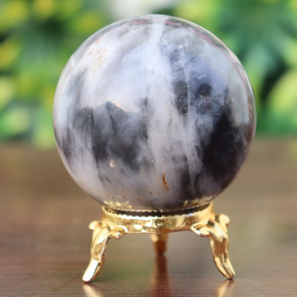 Kyanite Mineral Quartz Healing Ball, 220g, 50mm, with Gold Plated Brass Base, Silver