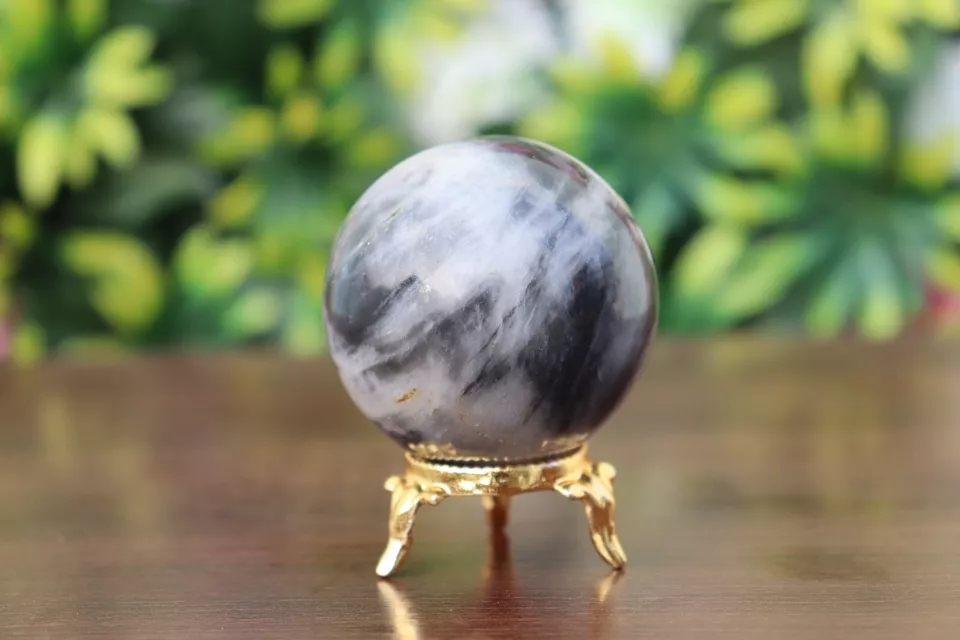 Kyanite Mineral Quartz Healing Ball, 220g, 50mm, with Gold Plated Brass Base, Silver